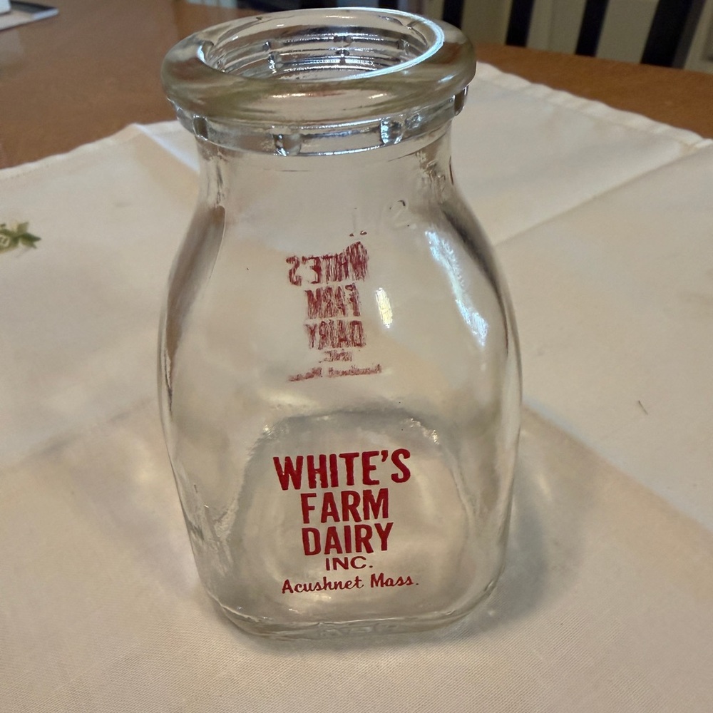 Vintage White's Farm Dairy Glass Bottle with Red Lettering, half pint